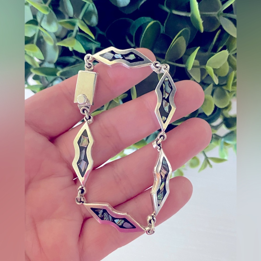 Vintage Mexico Taxco Sterling Silver Abalone Inlay link Hinged 7.25” Bracelet
